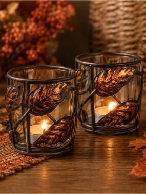 Set of 2 Copper Bronze Leaf Glass Votive Candle Holders Rustic Fall Decor